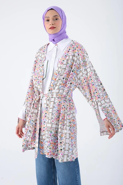 Beyaz-Pembe-Oversize Kol Yırtmaç Detaylı Kuşaklı Desenli Kimono - 5
