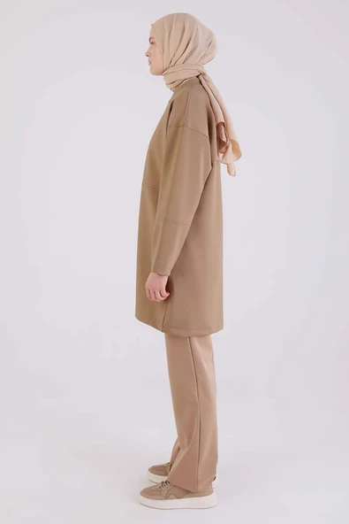 Koyu Bej-Fermuarlı Kolej Yakalı Ceket - 3