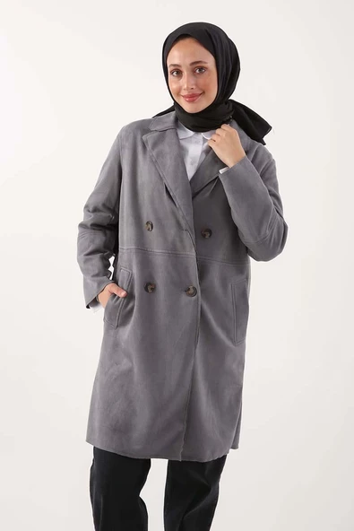 Gri-Süet Kruvaze Blazer Ceket - 5