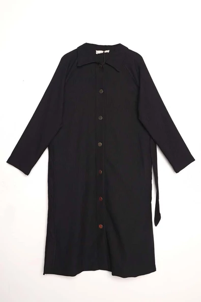 Siyah-ŞÖMİZİYE YAKALI DÜĞMELİ KUŞAKLI KAP - Resim 6