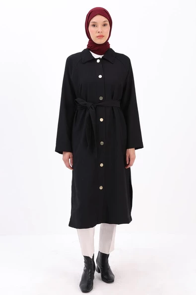 Siyah-ŞÖMİZİYE YAKALI DÜĞMELİ KUŞAKLI KAP - Resim 2