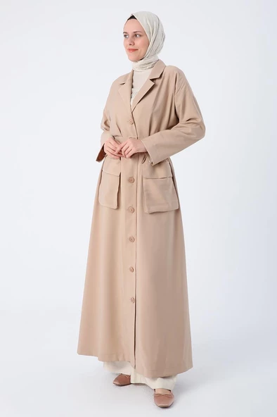 Sütlü Kahve01-Kemerli Ceket Yakalı Düğmeli Ferace - 3