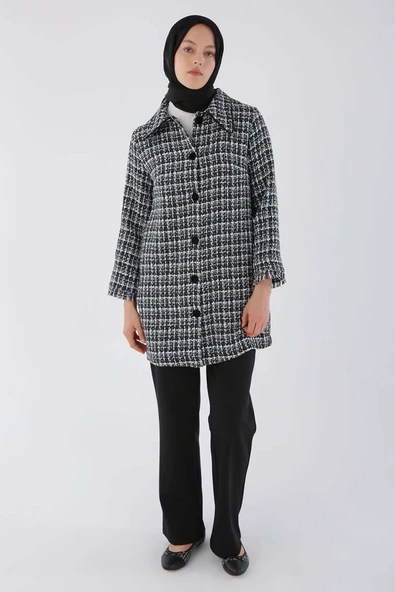 Siyah-Kadife Düğmeli Gömlek Yaka Tüvit Ceket