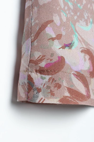 Bej-Kahve-Oversize Kol Yırtmaç Detaylı Kuşaklı Desenli Kimono - Resim 6