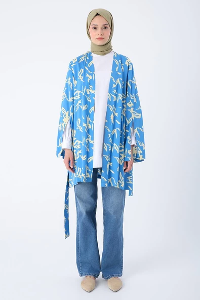 Mavi-Bej-Oversize Kol Yırtmaç Detaylı Kuşaklı Desenli Kimono - 2