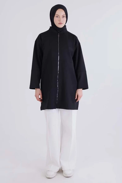 Siyah-Fermuarlı Likralı Kolej Yakalı Ceket - 2