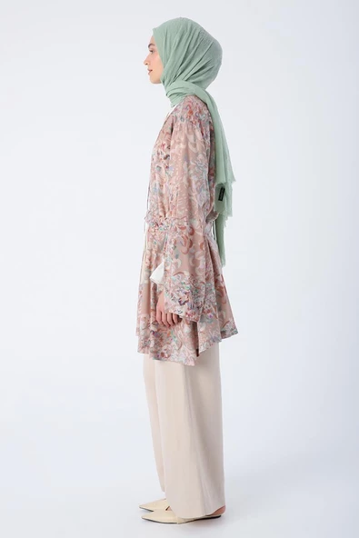 Bej-Kahve-Oversize Kol Yırtmaç Detaylı Kuşaklı Desenli Kimono - Resim 3