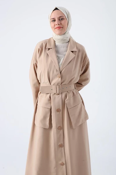 Sütlü Kahve01-Kemerli Ceket Yakalı Düğmeli Ferace - 5