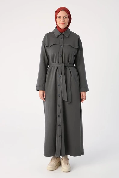 Antrasit01-Kuşaklı Rüzgarlıklı Düğmeli Rahat Kalıp Ferace - 2