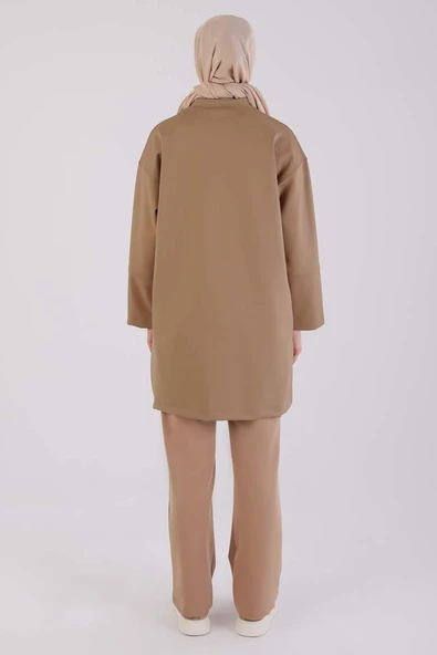 Koyu Bej-Fermuarlı Kolej Yakalı Ceket - 4
