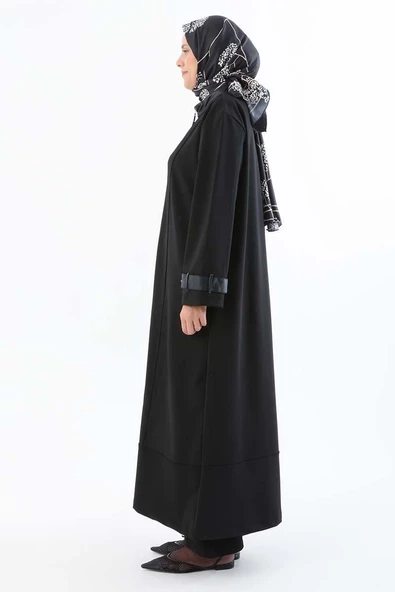 Siyah-Deri Apolet Detaylı Fermuarlı Ferace - 3