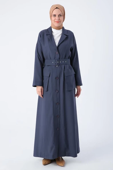 İndigo-Kemerli Ceket Yakalı Düğmeli Ferace - 2