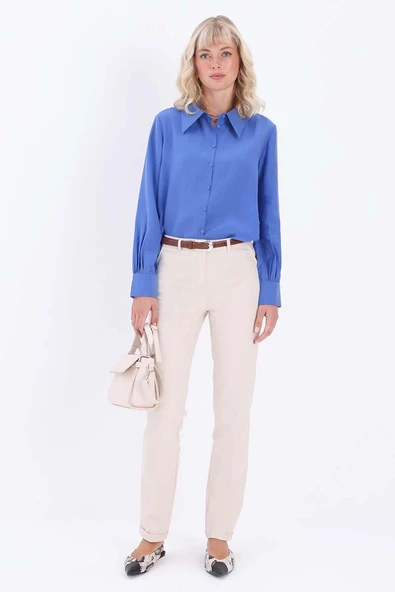 Açık Bej-Pamuklu Duble Paça Dar Kesim Pantolon ürün görseli 1