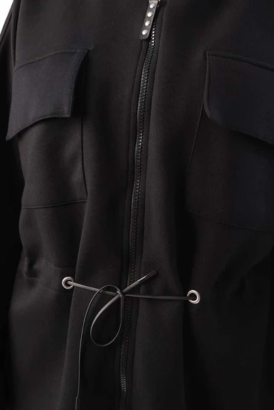 Siyah-Belden Büzgülü Cepli Ceket - Resim 6