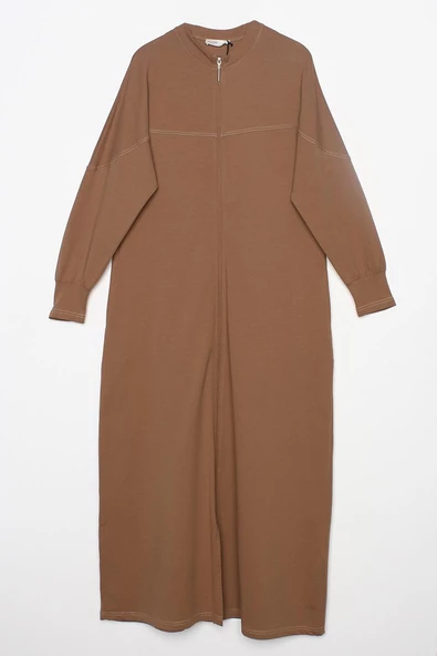 Kahve-Arkası Cepli Hakim Yaka Fermuarlı Likralı Ferace - Resim 10