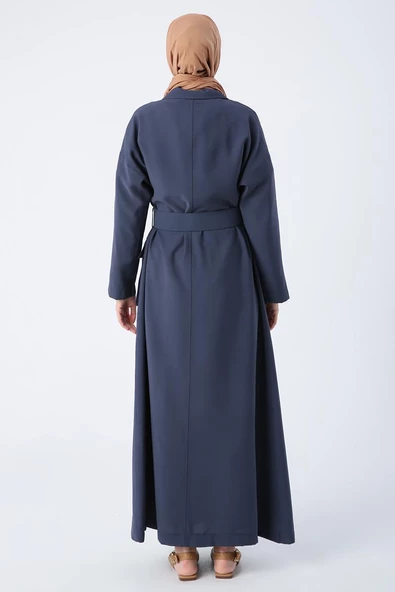 İndigo-Kemerli Ceket Yakalı Düğmeli Ferace - 4