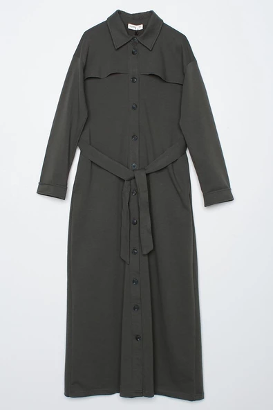 Antrasit01-Kuşaklı Rüzgarlıklı Düğmeli Rahat Kalıp Ferace - 7