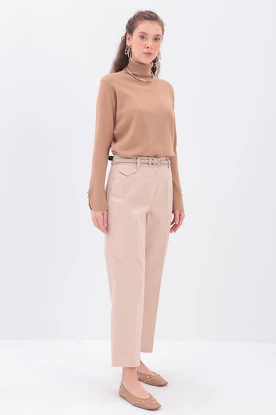 Bej-Süs Cep Kapaklı Pensli Havuç Pantolon - Resim 3