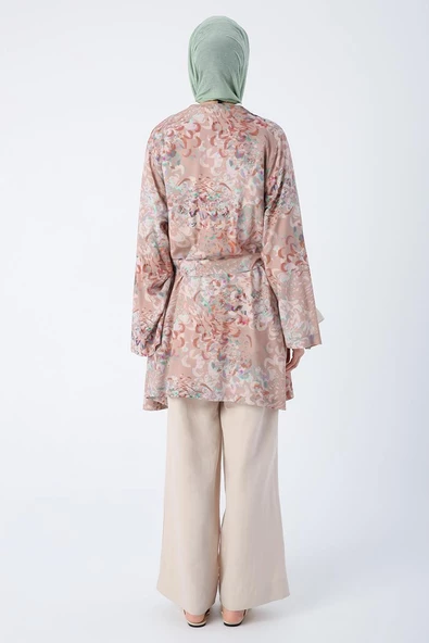 Bej-Kahve-Oversize Kol Yırtmaç Detaylı Kuşaklı Desenli Kimono - Resim 4