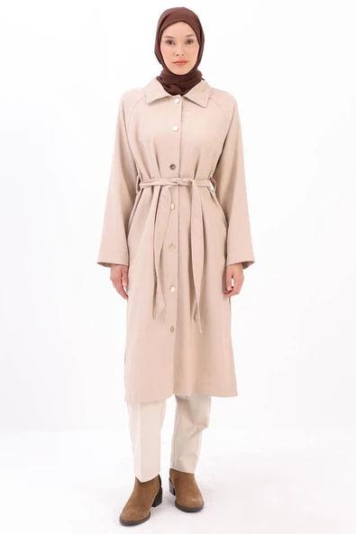 Bej-ŞÖMİZİYE YAKALI DÜĞMELİ KUŞAKLI KAP - 2