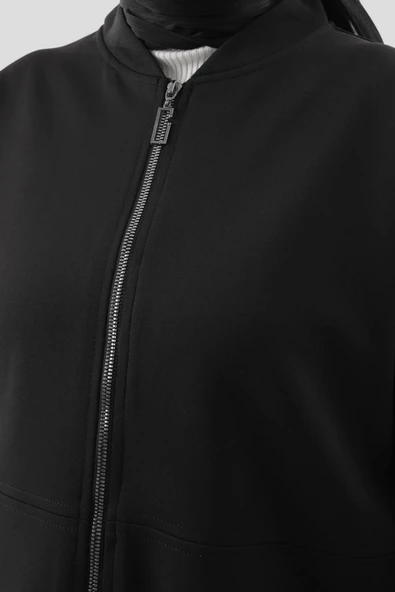 Siyah-Fermuarlı Likralı Kolej Yakalı Ceket - 5