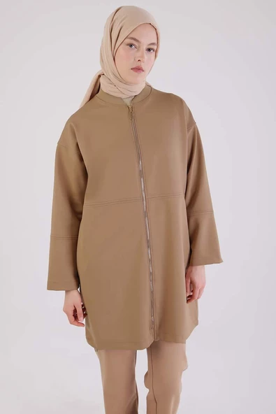 Koyu Bej-Fermuarlı Kolej Yakalı Ceket - 5