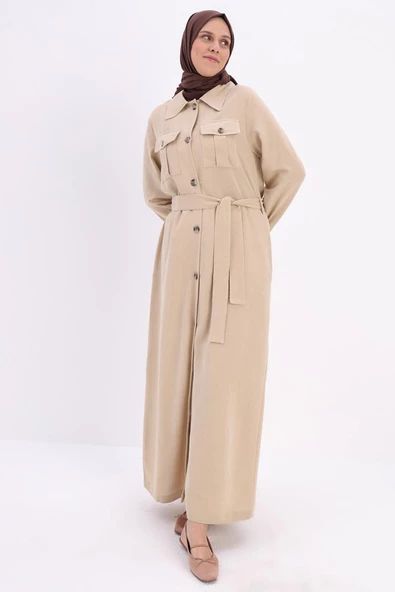 Bej-Cepli Kemerli Düğmeli Ferace