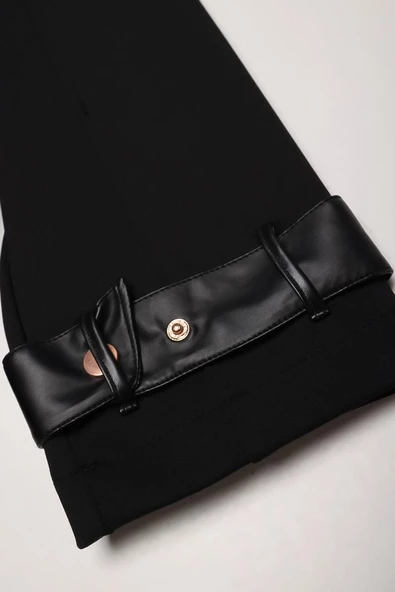 Siyah-Deri Apolet Detaylı Fermuarlı Ferace - 5