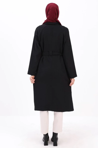 Siyah-ŞÖMİZİYE YAKALI DÜĞMELİ KUŞAKLI KAP - Resim 4