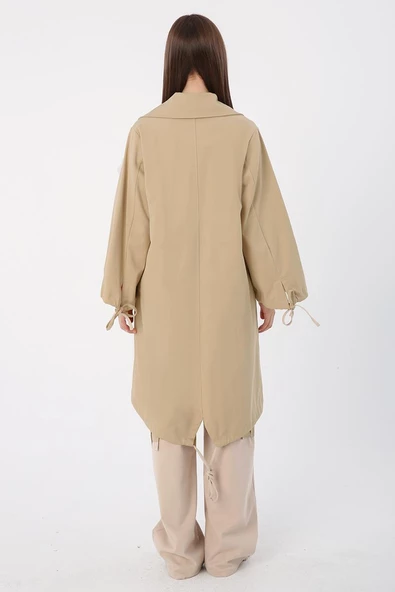 Açık Bej-Pamuklu Kolları Büzgülü Tek Cepli Çıtçıtlı Likralı Kap - Resim 4