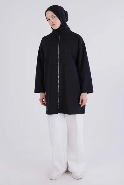 Siyah-Fermuarlı Likralı Kolej Yakalı Ceket