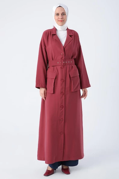Bordo-Kemerli Ceket Yakalı Düğmeli Ferace - Resim 2
