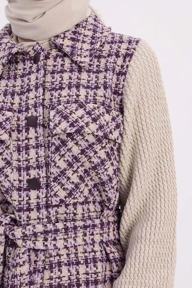 Mor-Triko Garnili Kuşaklı Tüvit Hırka - 5