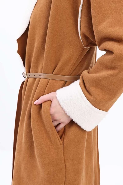 Camel-Oversize Gizli Cepli Likralı Süet Ceket - 4