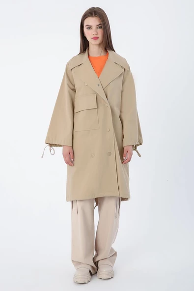 Açık Bej-Pamuklu Kolları Büzgülü Tek Cepli Çıtçıtlı Likralı Kap - Resim 2