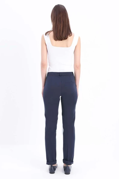 Lacivert-Pamuklu Duble Paça Dar Kesim Pantolon - Resim 4