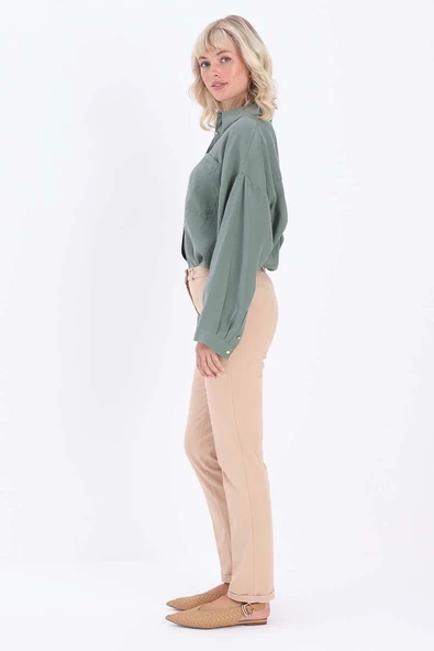 Bisküvi-Pamuklu Duble Paça Dar Kesim Pantolon - Resim 3