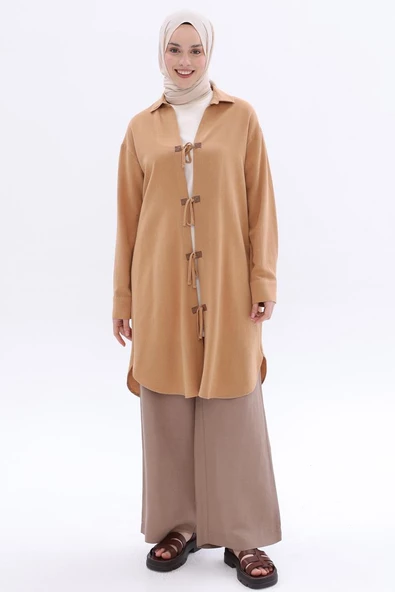 Camel-Bağlama Detaylı Keten Kap - 2