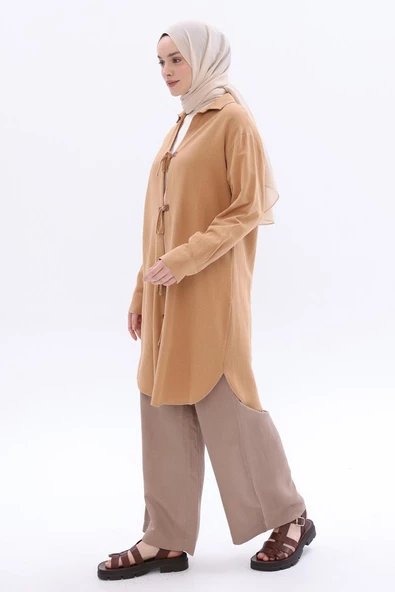 Camel-Bağlama Detaylı Keten Kap - 3