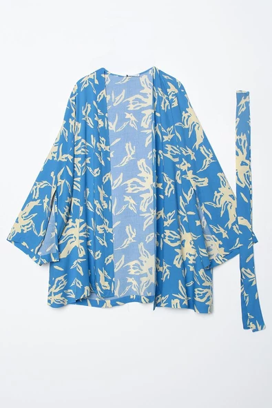 Mavi-Bej-Oversize Kol Yırtmaç Detaylı Kuşaklı Desenli Kimono - 7
