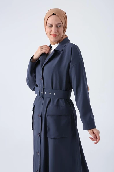 İndigo-Kemerli Ceket Yakalı Düğmeli Ferace - 5