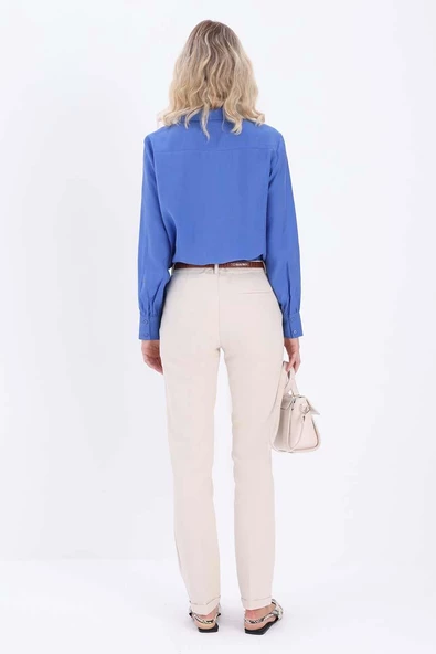 Açık Bej-Pamuklu Duble Paça Dar Kesim Pantolon - Resim 3