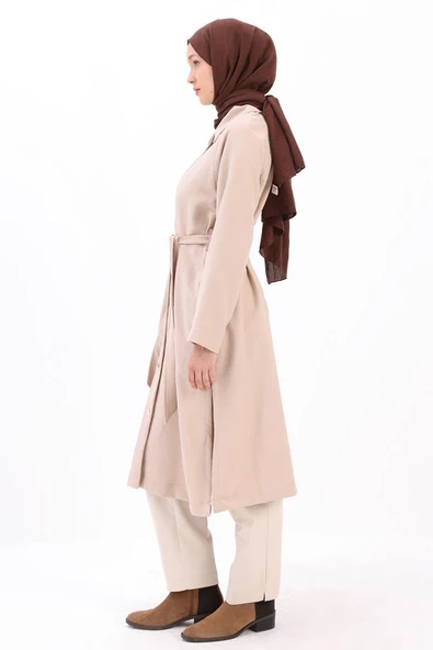 Bej-ŞÖMİZİYE YAKALI DÜĞMELİ KUŞAKLI KAP - 3