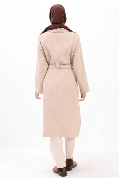 Bej-ŞÖMİZİYE YAKALI DÜĞMELİ KUŞAKLI KAP - 4