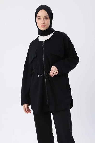 Siyah-Belden Büzgülü Cepli Ceket - Resim 5