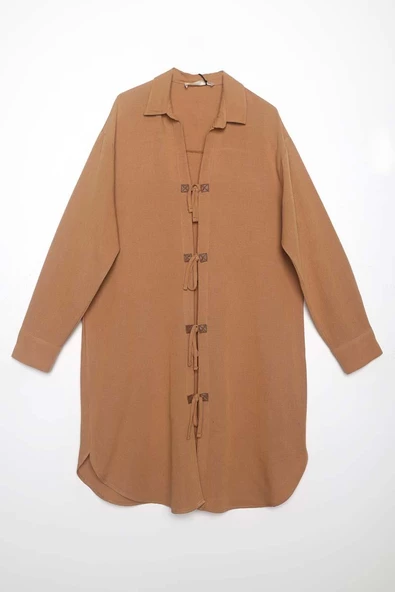 Camel-Bağlama Detaylı Keten Kap - 6