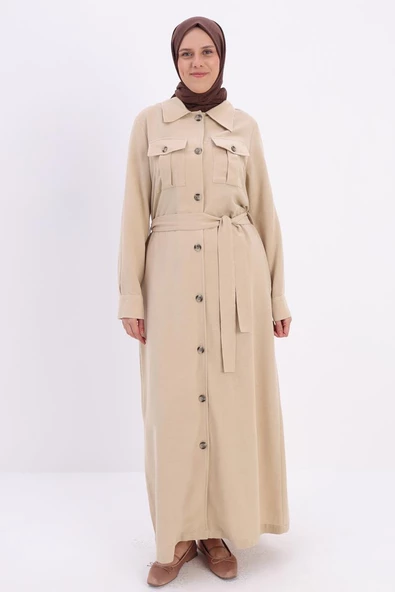 Bej-Cepli Kemerli Düğmeli Ferace - 2