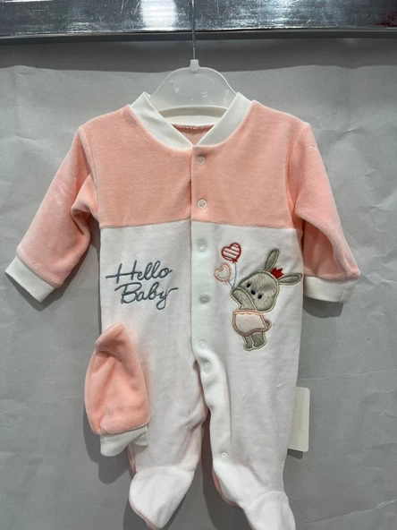 uğurböceğiçocuk Hello Baby Tavşan Desenli Kadife Bebek Tulum 1211