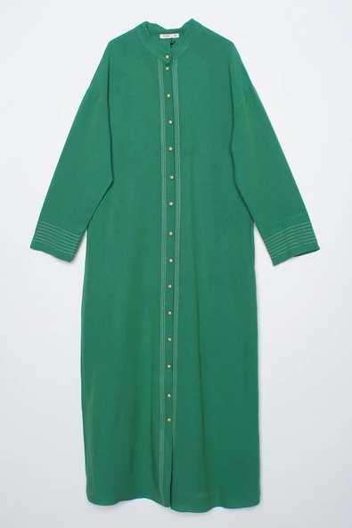 Koyu Yeşil-Hakim Yaka Dikiş Detaylı Ferace - 6