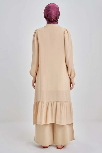 Bej-Eteği Pileli Modal Kimono - 3